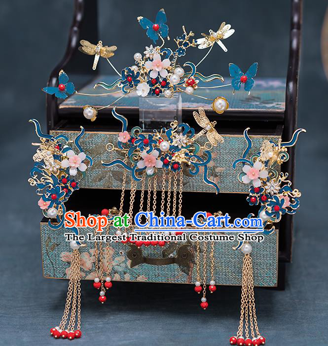 Chinese Handmade Blueing Dragonfly Hair Comb Classical Wedding Hair Accessories Ancient Bride Hairpins Tassel Hair Sticks Complete Set