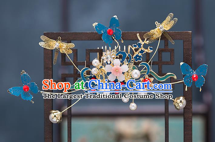 Chinese Handmade Blueing Dragonfly Hair Comb Classical Wedding Hair Accessories Ancient Bride Hairpins Tassel Hair Sticks Complete Set