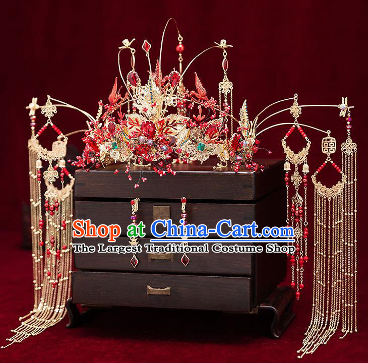 Chinese Handmade Phoenix Coronet Classical Wedding Hair Accessories Ancient Bride Hairpins Golden Hair Crown Complete Set