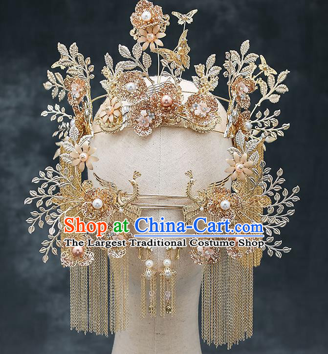 Chinese Handmade Golden Plum Phoenix Coronet Classical Wedding Hair Accessories Ancient Bride Hairpins Hair Crown Complete Set