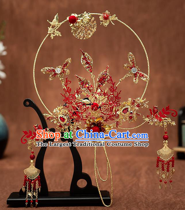 Chinese Handmade Golden Palace Fans Classical Fans Ancient Bride Props Red Dragonfly Fans