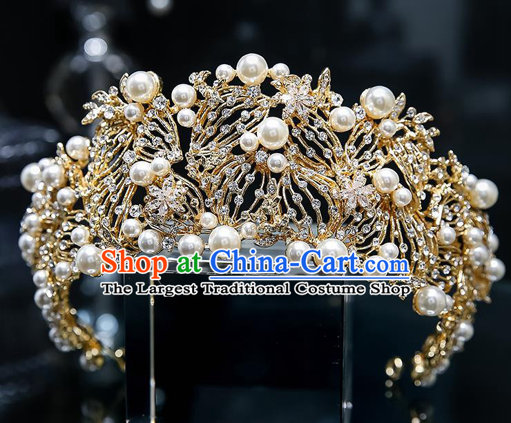 Handmade Baroque Golden Royal Crown Wedding Hair Accessories Classical European Bride Headwear Hair Clasp