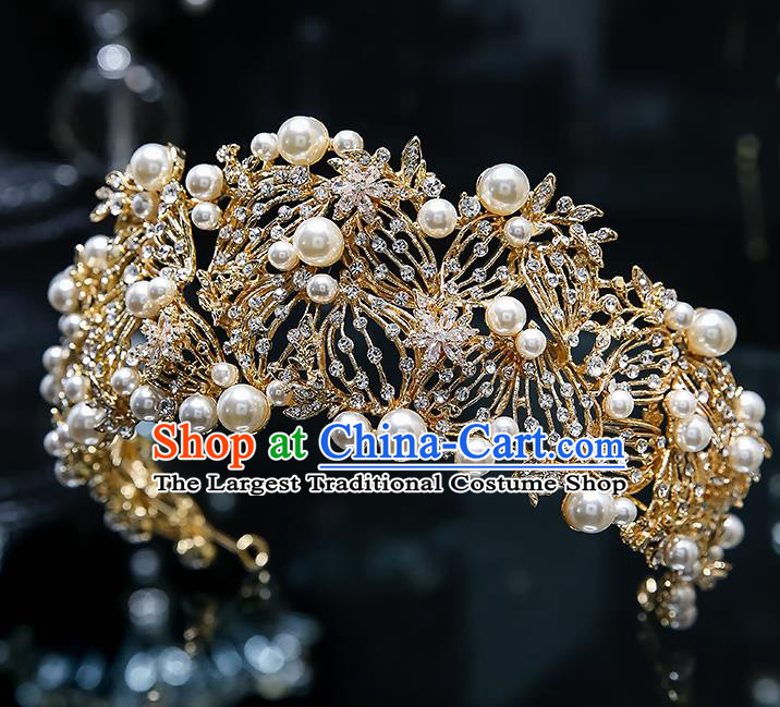 Handmade Baroque Golden Royal Crown Wedding Hair Accessories Classical European Bride Headwear Hair Clasp