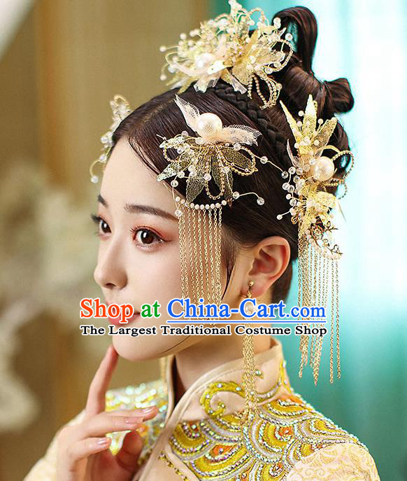 Chinese Handmade Golden Leaf Hair Comb Classical Wedding Hair Accessories Ancient Bride Hairpins Hair Crown Complete Set