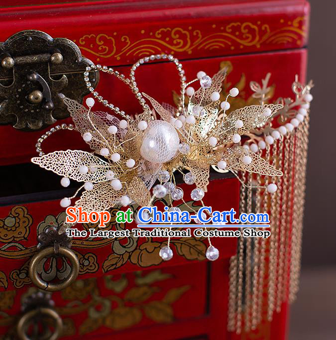 Chinese Handmade Golden Leaf Hair Comb Classical Wedding Hair Accessories Ancient Bride Hairpins Hair Crown Complete Set