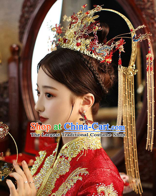 Chinese Handmade Blueing Phoenix Coronet Classical Wedding Hair Accessories Ancient Bride Hairpins Tassel Hair Crown Complete Set