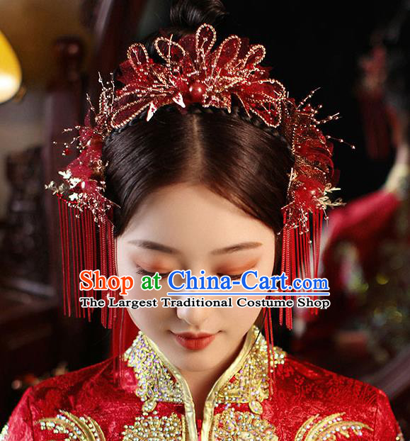 Chinese Handmade Red Flowers Hair Crown Classical Wedding Hair Accessories Ancient Bride Hairpins Tassel Hair Sticks Complete Set