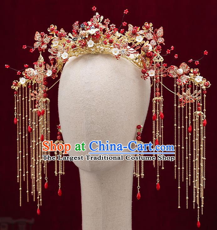 Chinese Handmade Red Beads Hair Crown Classical Wedding Hair Accessories Ancient Bride Phoenix Coronet Hairpins Complete Set