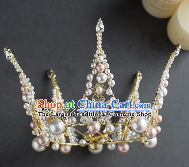 Handmade Baroque Pearls Round Royal Crown Wedding Hair Accessories Classical European Bride Headwear Hair Clasp