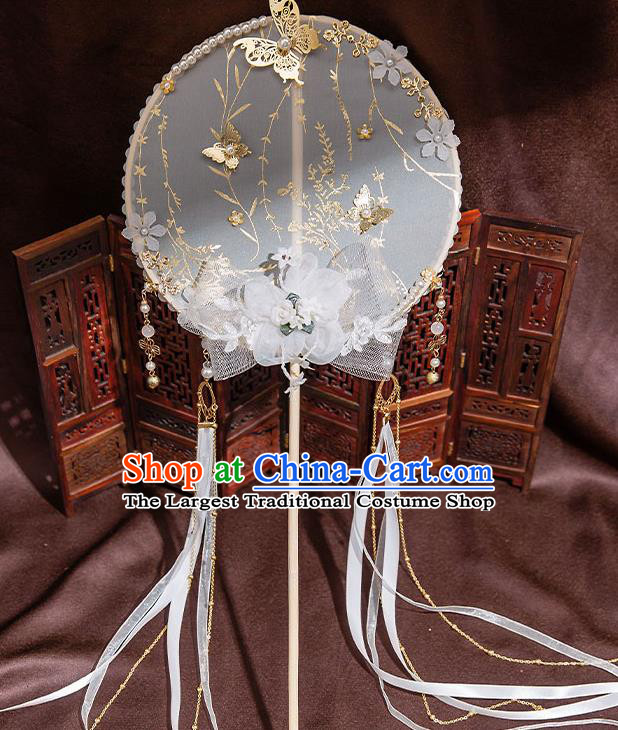 Chinese Handmade White Ribbon Palace Fans Classical Fans Ancient Bride Props Silk Flowers Round Fans
