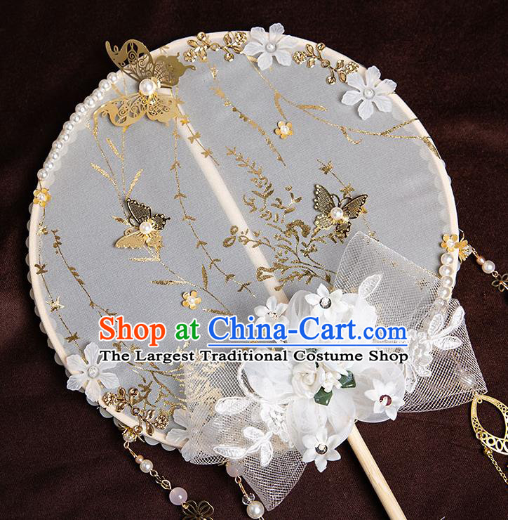 Chinese Handmade White Ribbon Palace Fans Classical Fans Ancient Bride Props Silk Flowers Round Fans