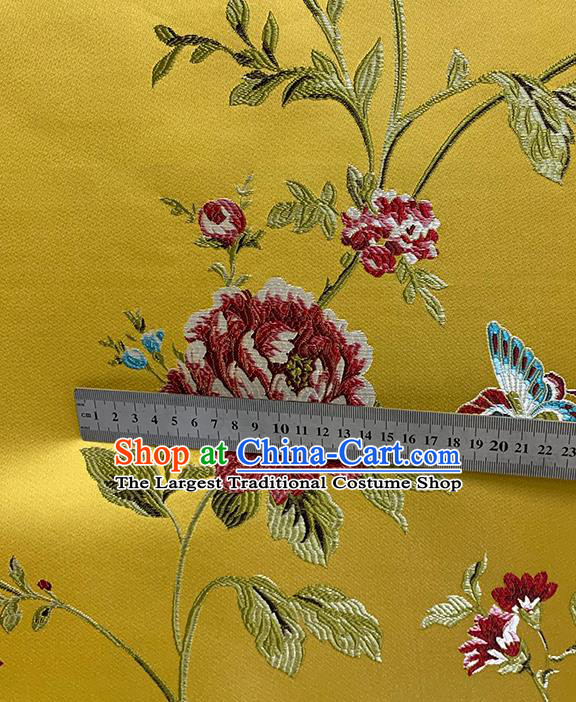 Chinese Traditional Butterfly Peony Pattern Yellow Silk Fabric Brocade Drapery Hanfu Dress Damask Material