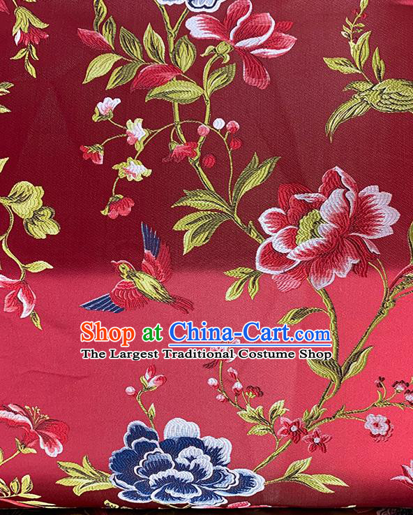 Chinese Traditional Peony Birds Pattern Red Silk Fabric Brocade Drapery Hanfu Dress Damask Material