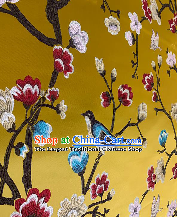 Chinese Traditional Magpie Plum Pattern Yellow Silk Fabric Brocade Drapery Hanfu Dress Damask Material