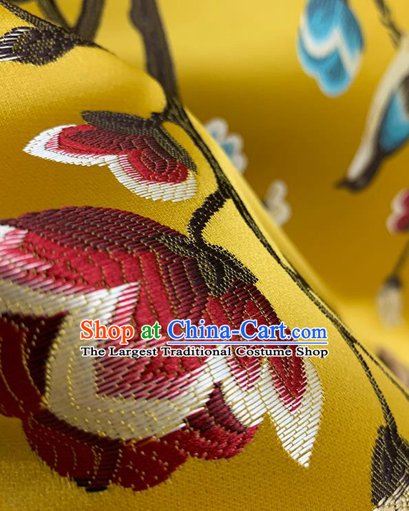 Chinese Traditional Magpie Plum Pattern Yellow Silk Fabric Brocade Drapery Hanfu Dress Damask Material