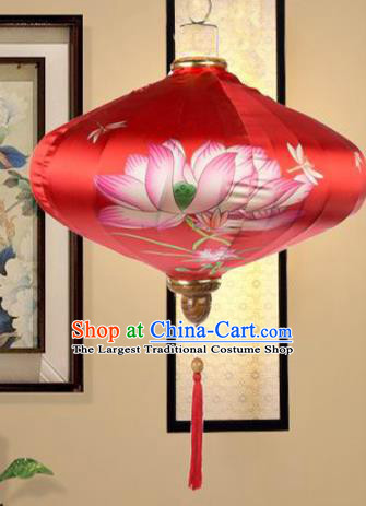 Chinese Traditional Printing Lotus Red Silk Palace Lanterns Handmade Hanging Lantern New Year Classical Lamp