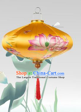 Chinese Traditional Printing Lotus Yellow Silk Palace Lanterns Handmade Hanging Lantern New Year Classical Lamp