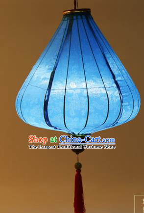 Chinese Traditional Lucky Pattern Blue Silk Palace Lanterns Handmade Hanging Lantern Classical Festive New Year Tulip Lamp