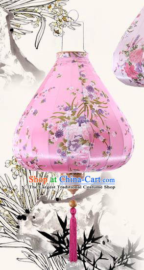 Chinese Traditional Printing Daffodil Pink Palace Lanterns Handmade Hanging Lantern Classical Festive New Year Satin Lamp