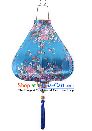 Chinese Traditional Printing Daffodil Blue Palace Lanterns Handmade Hanging Lantern Classical Festive New Year Satin Lamp