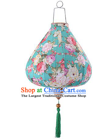Chinese Traditional Printing Roses Green Palace Lanterns Handmade Hanging Lantern Classical Festive New Year Satin Lamp