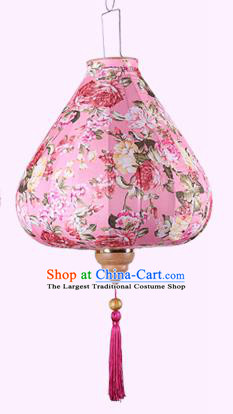 Chinese Traditional Printing Roses Light Pink Palace Lanterns Handmade Hanging Lantern Classical Festive New Year Satin Lamp