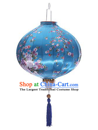 Chinese Handmade Printing Sakura Blue Satin Palace Lanterns Traditional New Year Lantern Classical Mid Autumn Festival Lamp