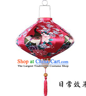 Handmade Chinese Printing Peacock Red Satin Palace Lanterns Traditional New Year Lantern Classical Festival Silk Lamp