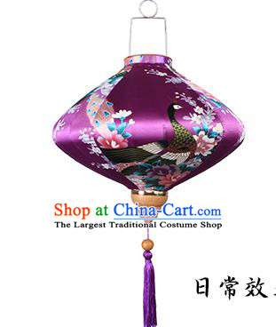 Handmade Chinese Printing Peacock Purple Satin Palace Lanterns Traditional New Year Lantern Classical Festival Silk Lamp