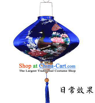 Handmade Chinese Printing Peacock Royalblue Satin Palace Lanterns Traditional New Year Lantern Classical Festival Silk Lamp