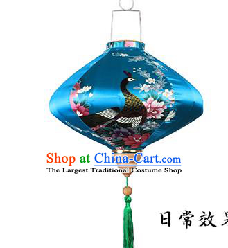 Handmade Chinese Printing Peacock Blue Satin Palace Lanterns Traditional New Year Lantern Classical Festival Silk Lamp