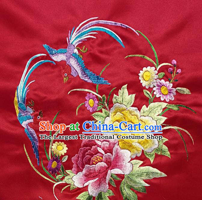 Traditional Chinese Embroidered Peony Birds Fabric Hand Embroidering Dress Round Applique Embroidery Red Silk Patches Accessories