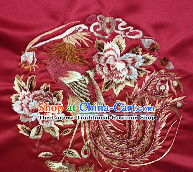 Traditional Chinese Embroidered Peony Phoenix Fabric Hand Embroidering Dress Round Applique Embroidery Wine Red Silk Patches Accessories