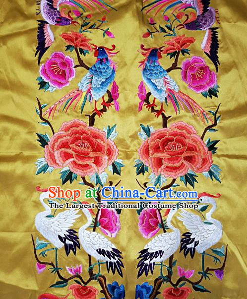 Traditional Chinese Embroidered Cranes Peony Decorative Painting Hand Embroidery Birds Yellow Silk Picture