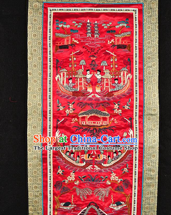 Traditional Chinese Embroidered Dragon Boat Race Decorative Painting Hand Embroidery Red Silk Picture Craft