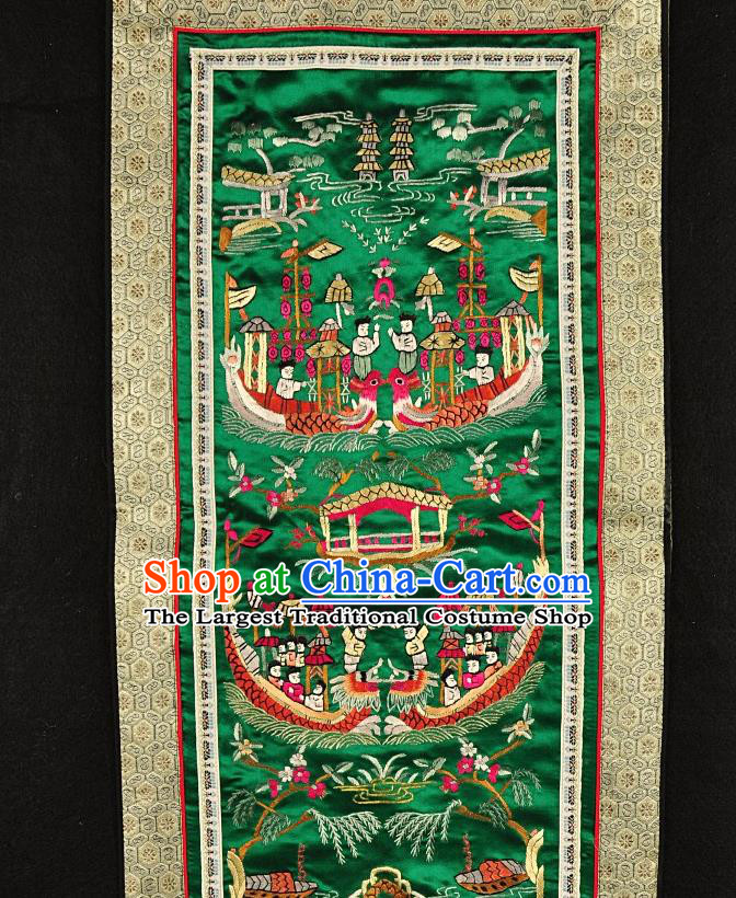 Traditional Chinese Embroidered Dragon Boat Race Decorative Painting Hand Embroidery Green Silk Picture Craft