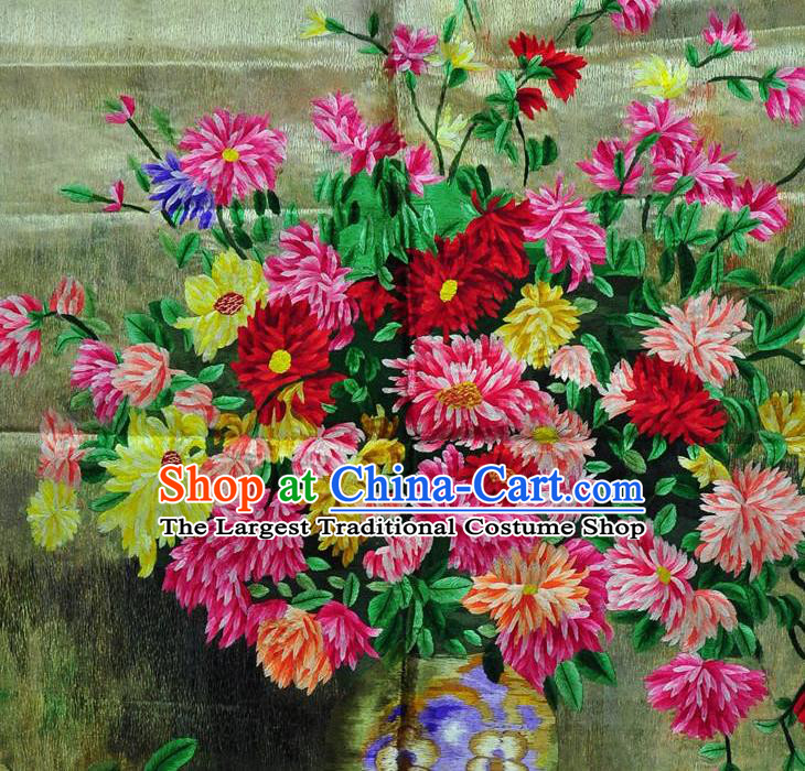 Traditional Chinese Embroidered Flowers Vase Decorative Painting Hand Full Embroidery Silk Wall Picture Craft