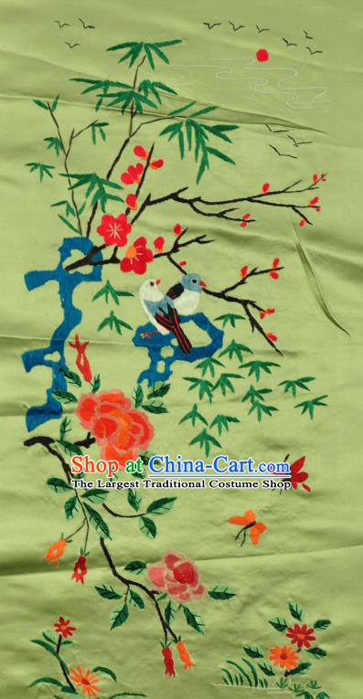 Traditional Chinese Embroidered Plum Peony Birds Decorative Painting Hand Embroidery Green Silk Picture Craft