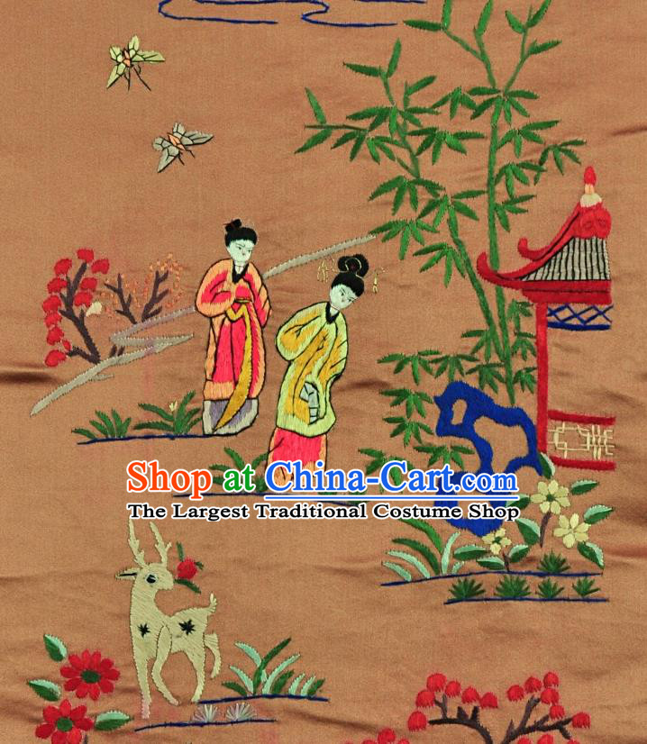 Traditional Chinese Embroidered Palace Lady Decorative Painting Hand Embroidery Brown Silk Picture Craft