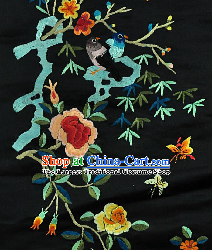 Traditional Chinese Embroidered Plum Peony Decorative Painting Hand Embroidery Birds Black Silk Picture Craft