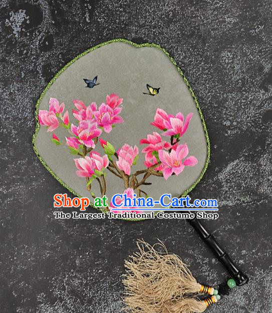 Chinese Traditional Embroidered Yulan Magnolia Silk Fans Craft Handmade Embroidery Palace Fan