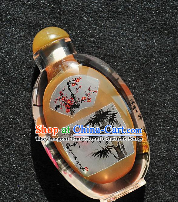 Chinese Handmade Glass Yellow Snuff Bottle Craft Traditional Inside Painting Orchid Chrysanthemum Snuff Bottles Artware