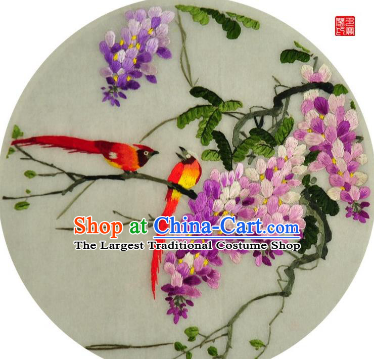 Traditional Chinese Embroidered Wisteria Decorative Painting Hand Embroidery Birds Silk Round Wall Picture Craft