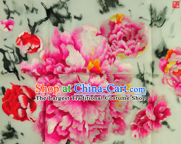 Traditional Chinese Embroidered Pink Peony Decorative Painting Hand Embroidery Flowers Silk Wall Picture Craft