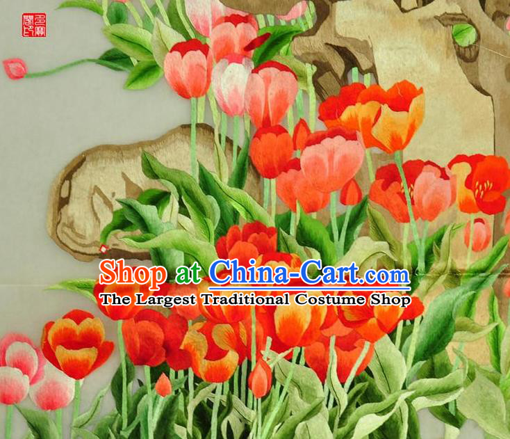 Traditional Chinese Embroidered Flowers Decorative Painting Hand Embroidery Tulip Silk Wall Picture Craft