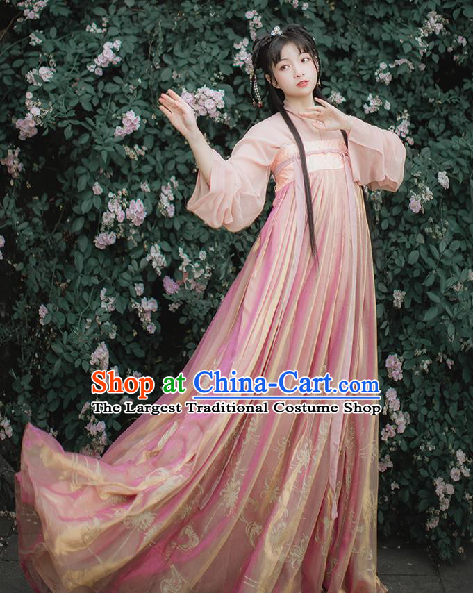 Chinese Traditional Hanfu Tang Dynasty Noble Lady Costumes Ancient Princess Garment Pink Blouse and Dress Full Set