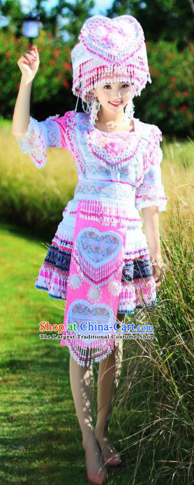 China Yao Nationality Folk Dance Short Dress Ethnic Women Apparels Miao Minority Costumes and Headdress