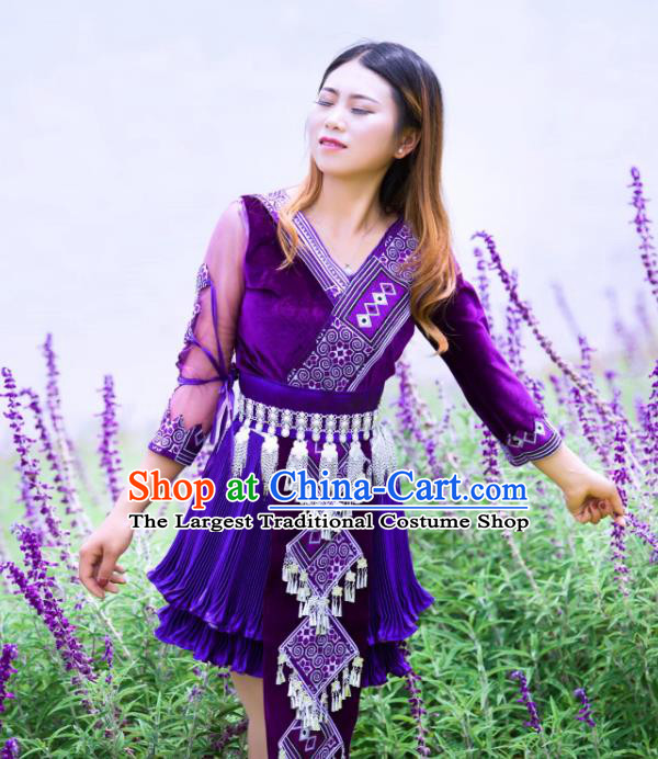 China Miao Minority Folk Dance Clothing Wenshan Ethnic Women Apparels Yunnan Nationality Purple Blouse and Short Skirt with Hat