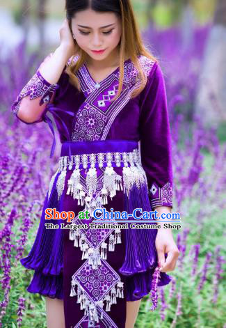China Miao Minority Folk Dance Clothing Wenshan Ethnic Women Apparels Yunnan Nationality Purple Blouse and Short Skirt with Hat