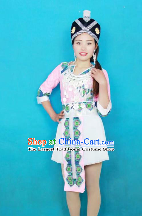 Top Grade Wenshan Ethnic Dance Apparels Minority Pink Blouse and Short Skirt China Miao Nationality Clothing with Hat